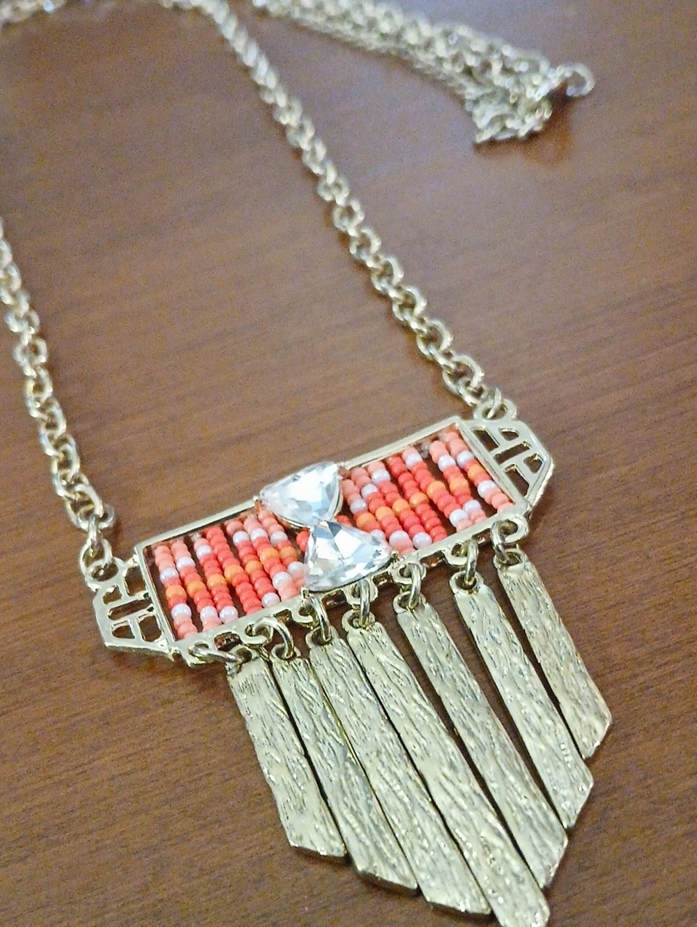 Long Gold-Tone Coral Beaded Fringe Necklace With Rhinestone 28" Chain